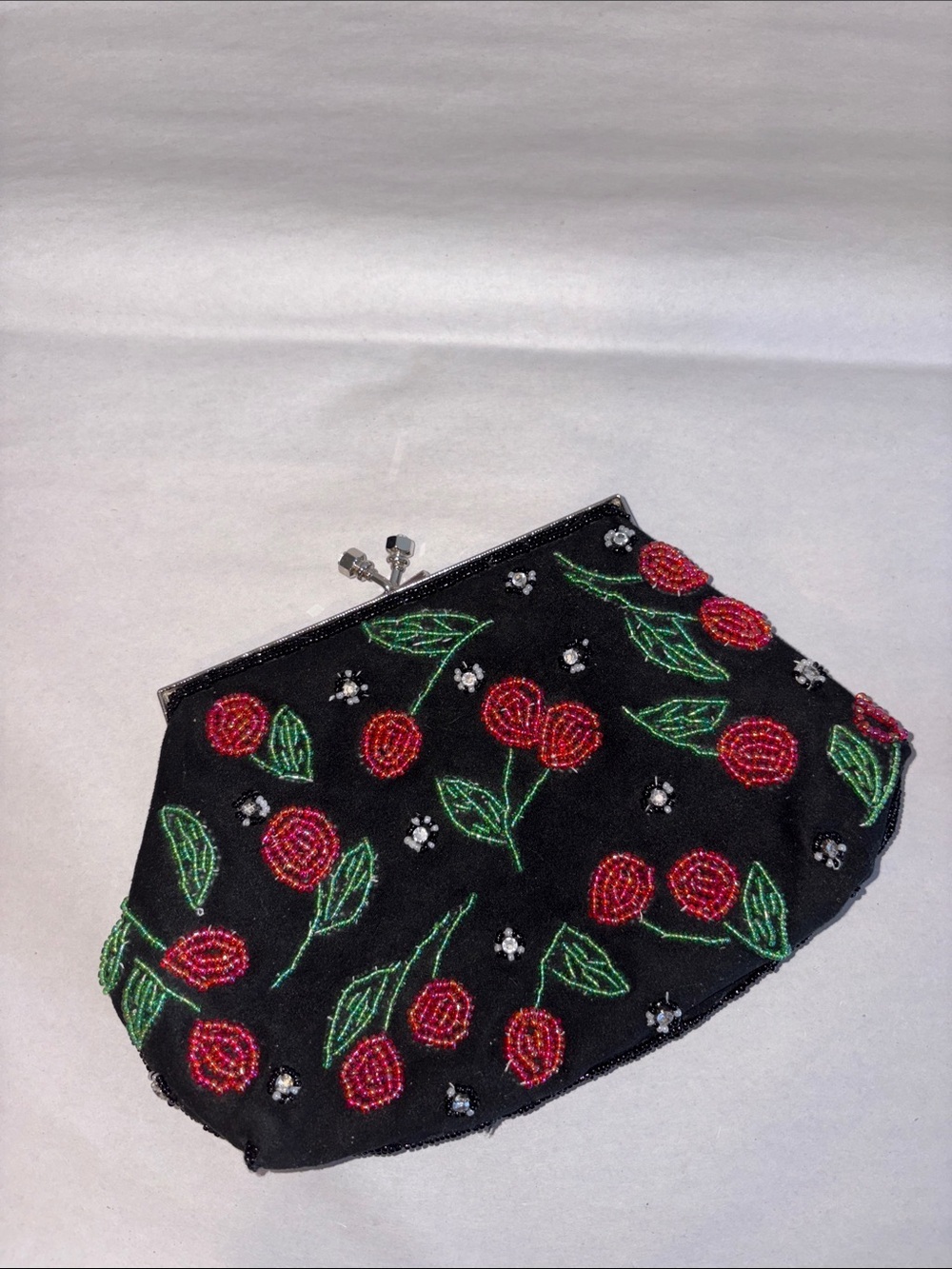 Hand Beaded cherry 🍒 clutch with silver hardware detachable crossbody chain.